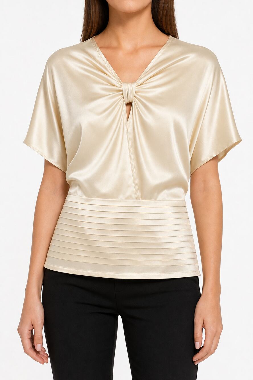 Penta Women's Champagne Ivory Silk Satin Pintuck Stretch Short Sleeve Blouse 4